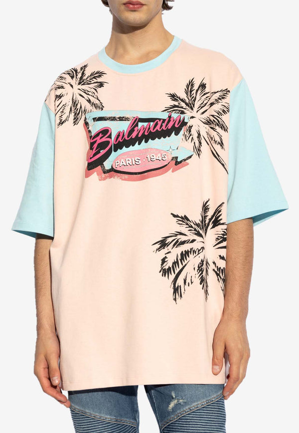 Balmain Miami Print T-shirt Pink DH1EH015 GD74-OIP