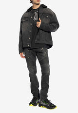 Balmain Bouclé Collar Washed Denim Jacket Black DH1TC315 DE68-0PC