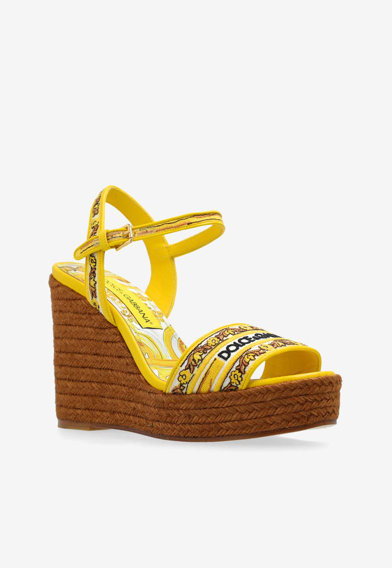 Dolce 
Gabbana 90 Majolica Embroidered Wedge Sandals Yellow CZ0318 AV804-8Q728