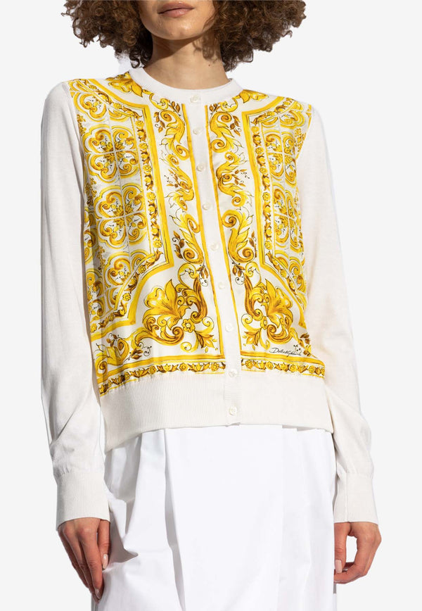 Dolce 
Gabbana Majolica Print Paneled Silk Cardigan White FXV10T JBSJE-HG3TN