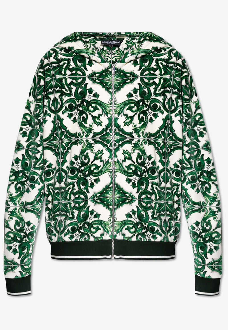 Dolce 
Gabbana Majolica Print Zip-Up Hooded Sweatshirt Green G9AYCT HJMP9-S8350