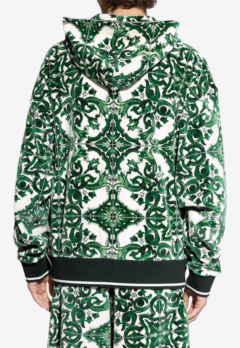 Dolce 
Gabbana Majolica Print Zip-Up Hooded Sweatshirt Green G9AYCT HJMP9-S8350