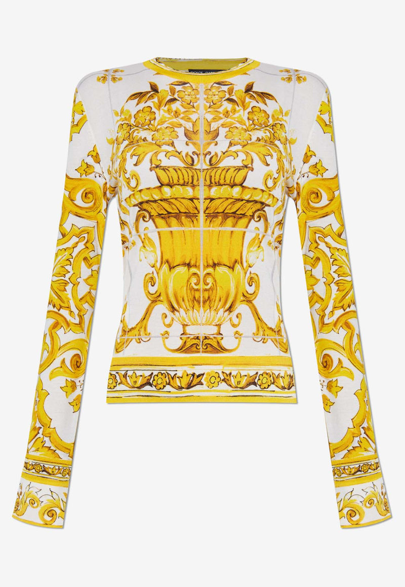 Dolce 
Gabbana Majolica Print Silk Crewneck Sweater Yellow FXX30T JAHKF-HG3TN