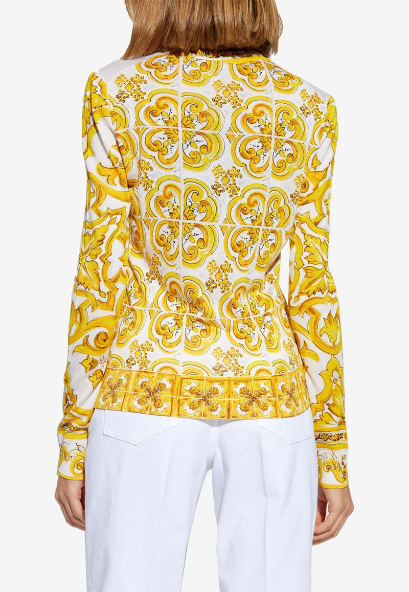 Dolce 
Gabbana Majolica Print Silk Crewneck Sweater Yellow FXX30T JAHKF-HG3TN