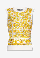 Dolce 
Gabbana Majolica Print Silk Knit Top Yellow FXT06T JBSJE-HG3TN