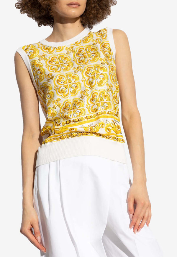 Dolce 
Gabbana Majolica Print Silk Knit Top Yellow FXT06T JBSJE-HG3TN