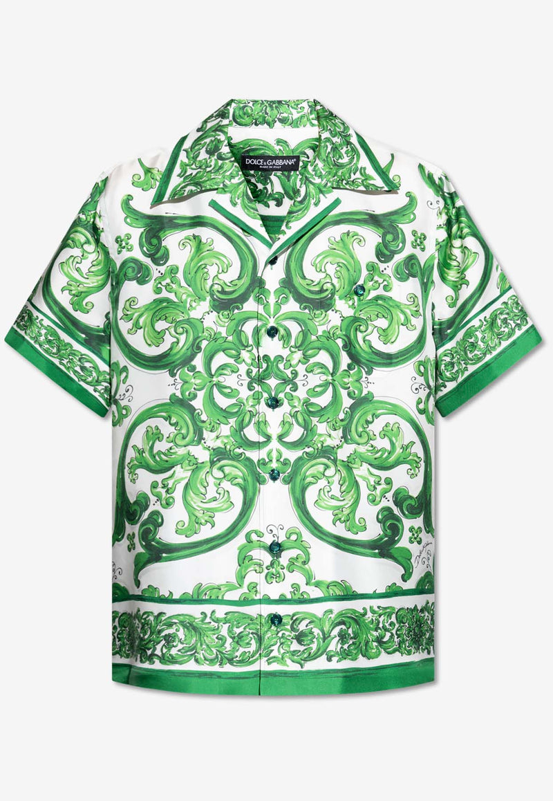 Dolce 
Gabbana Majolica Print Bowling Silk Shirt Green G5JH9T HI1S6-H85DQ