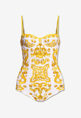 Dolce 
Gabbana Majolica Print One-Piece Swimsuit Yellow O9A13J ONO19-HG3TN