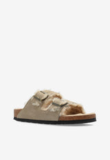 Birkenstock Arizona Two-Strap Shearling Slides Taupe 1028293 0-TAUPE