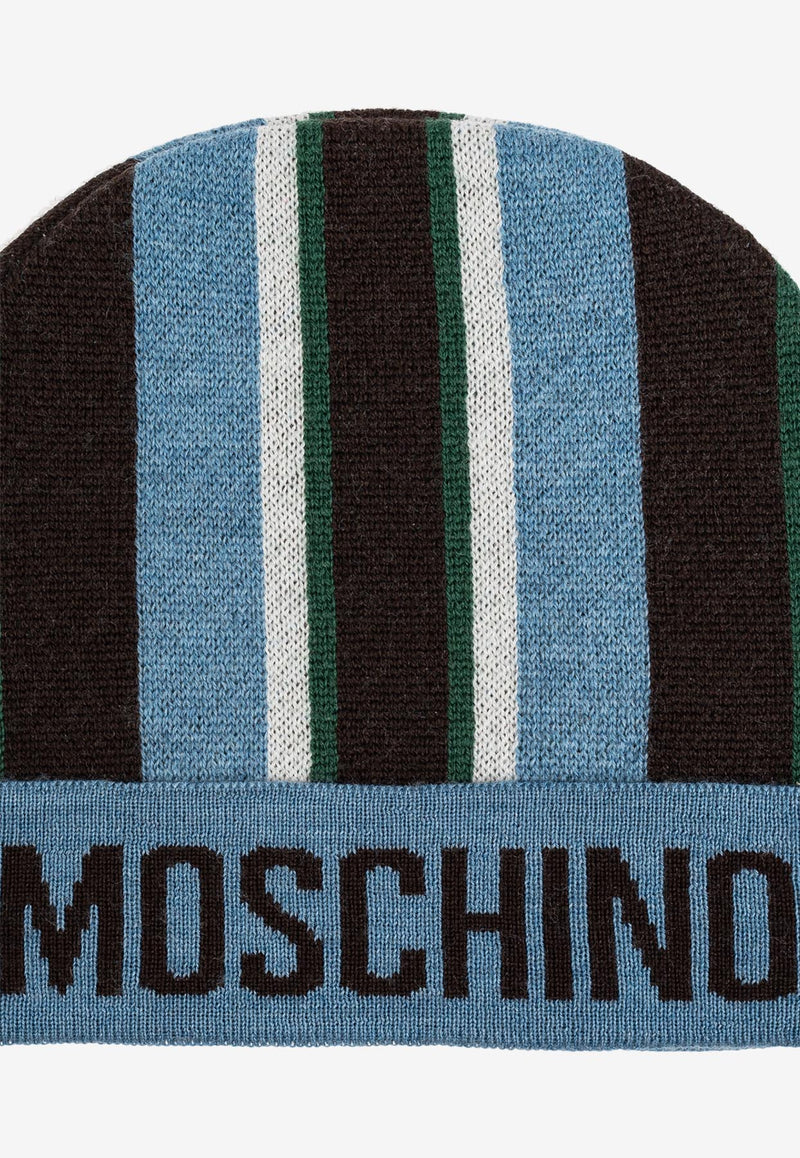 Moschino Logo Intarsia Striped Wool Beanie Blue 60101 M5800-012