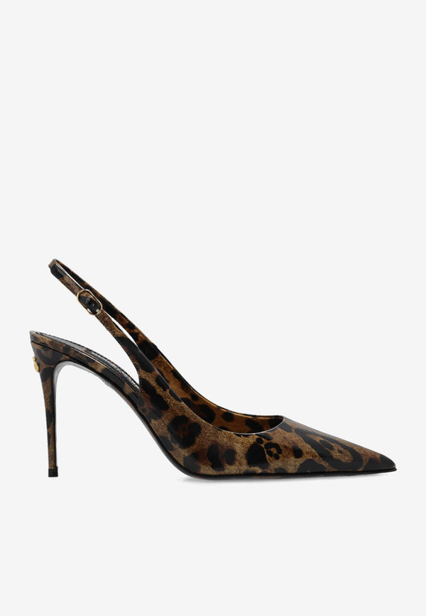 Dolce 
Gabbana X Kim 95 Leopard Print Slingback Pumps in Patent Leather Brown CG0621 AM568-HA93M