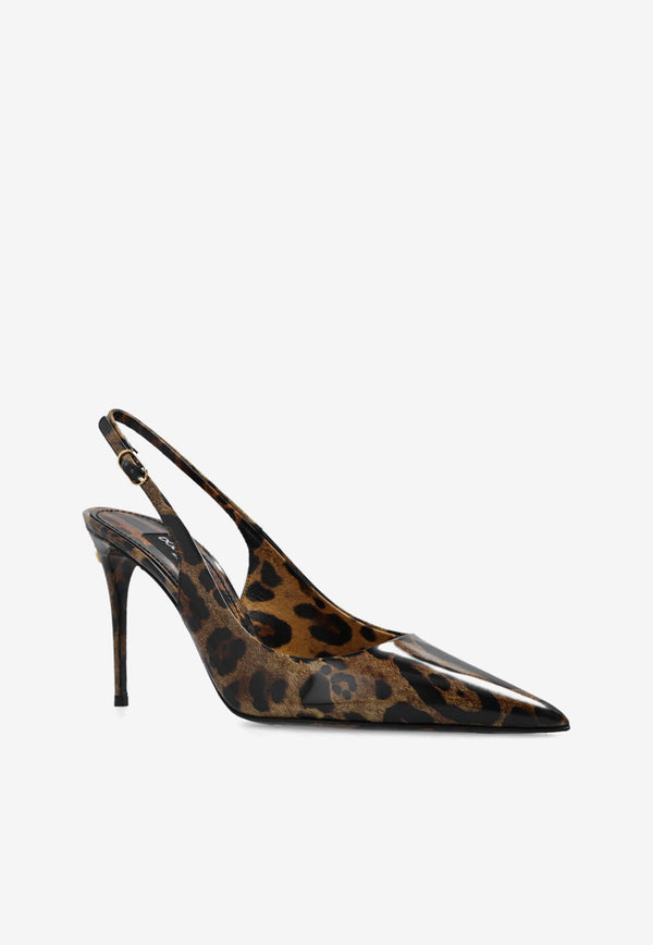 Dolce 
Gabbana X Kim 95 Leopard Print Slingback Pumps in Patent Leather Brown CG0621 AM568-HA93M