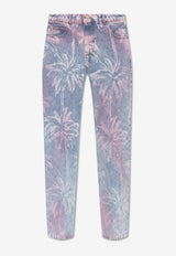 Balmain Palm Tree Print Boyfriend Jeans Blue DF1MK015 DE64-6FF