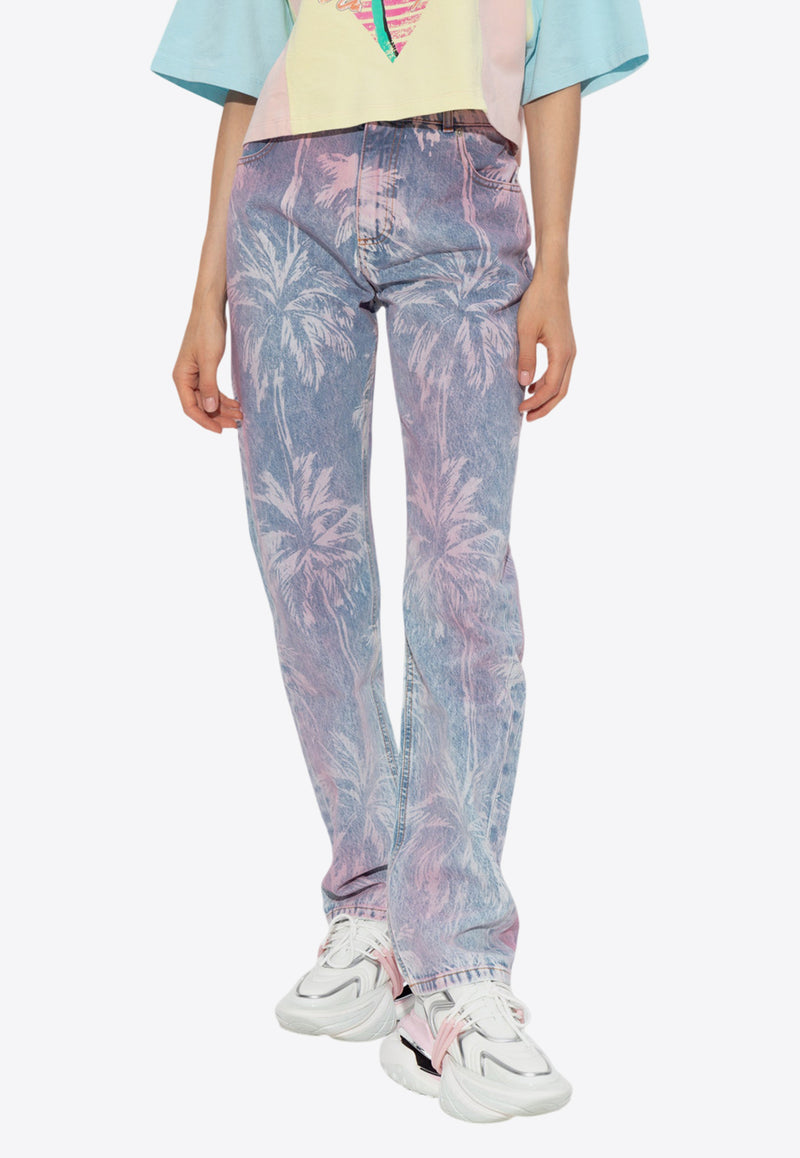 Balmain Palm Tree Print Boyfriend Jeans Blue DF1MK015 DE64-6FF