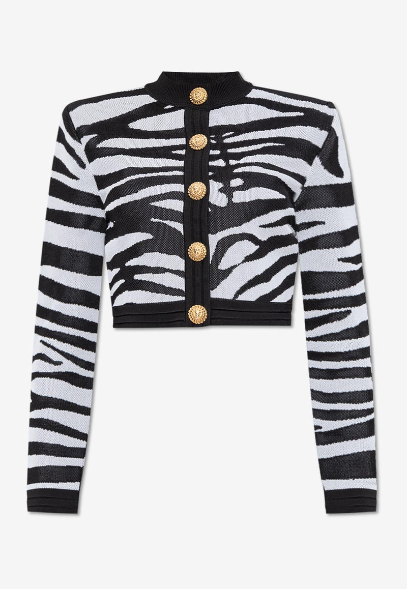 Balmain Zebra Print Cropped Cardigan Monochrome DFAKL195 KH03-EAB