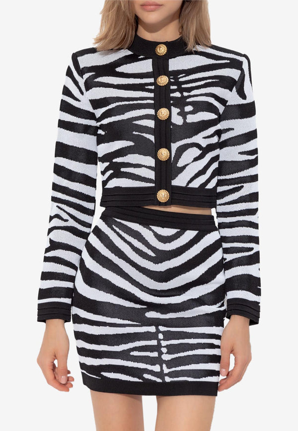 Balmain Zebra Print Cropped Cardigan Monochrome DFAKL195 KH03-EAB