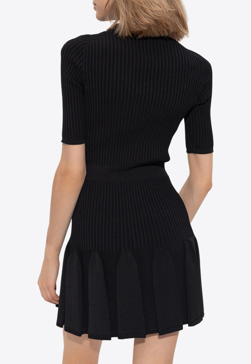 Balmain Ribbed Flared Mini Dress Black DF1R7092 KG36-0PA