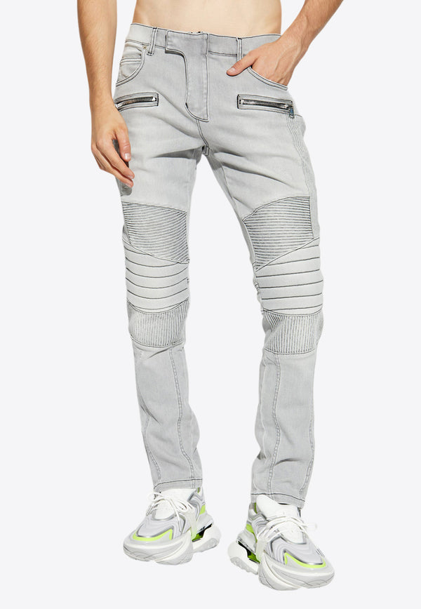 Balmain Biker Skinny Jeans Gray DH1MG105 DE69-9FK