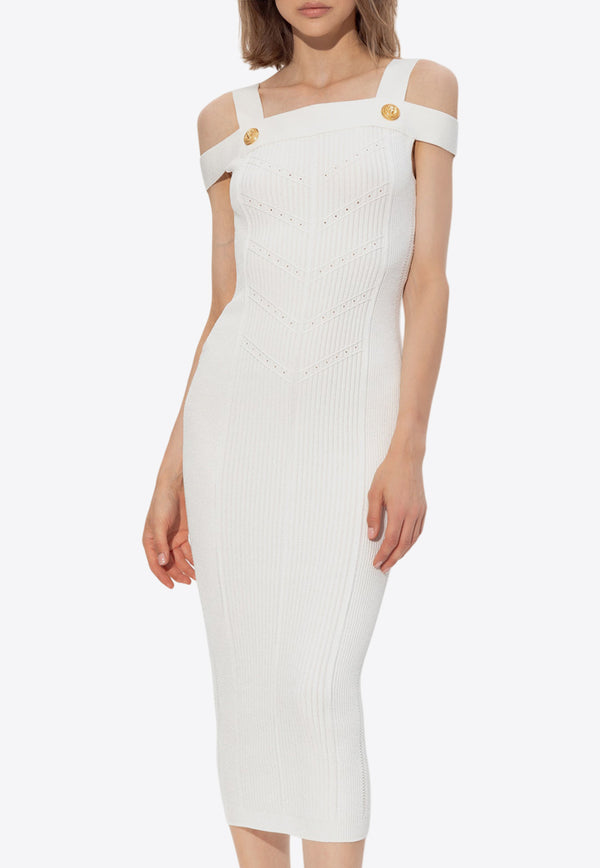 Balmain Cold-Shoulders Knitted Midi Dress White DF1RJ155 KF24-0FA