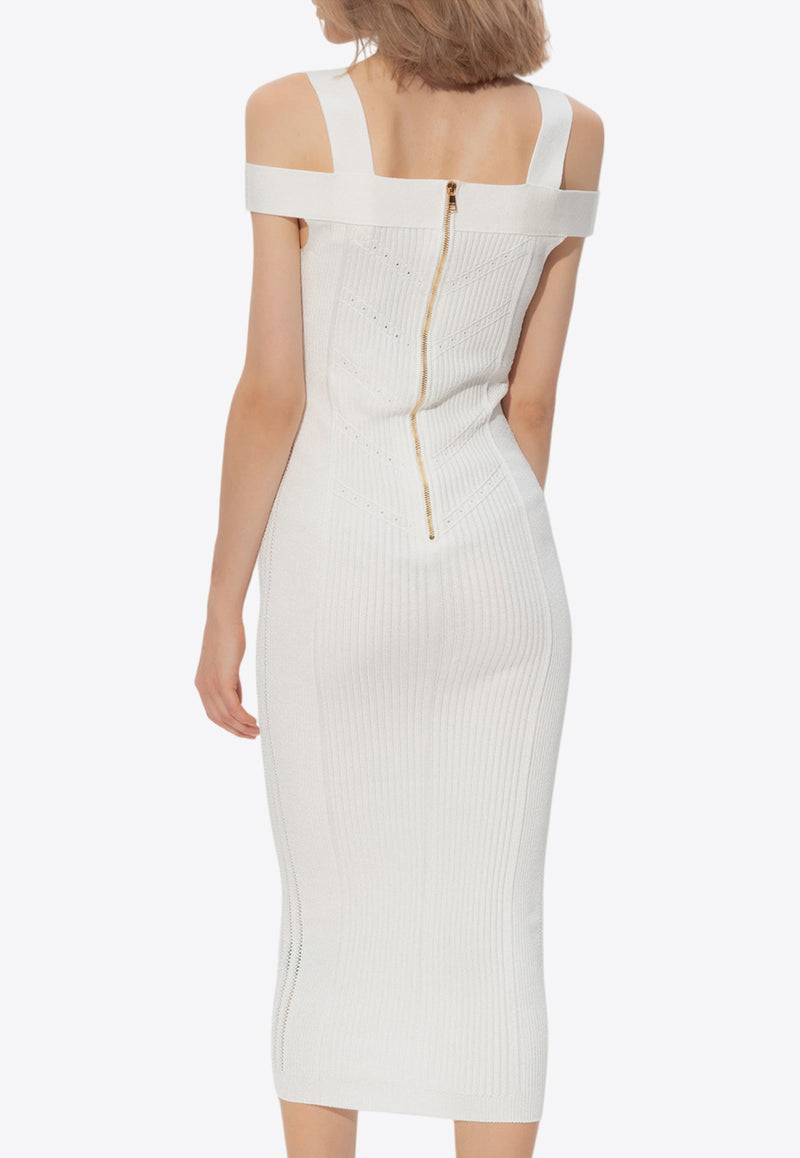 Balmain Cold-Shoulders Knitted Midi Dress White DF1RJ155 KF24-0FA