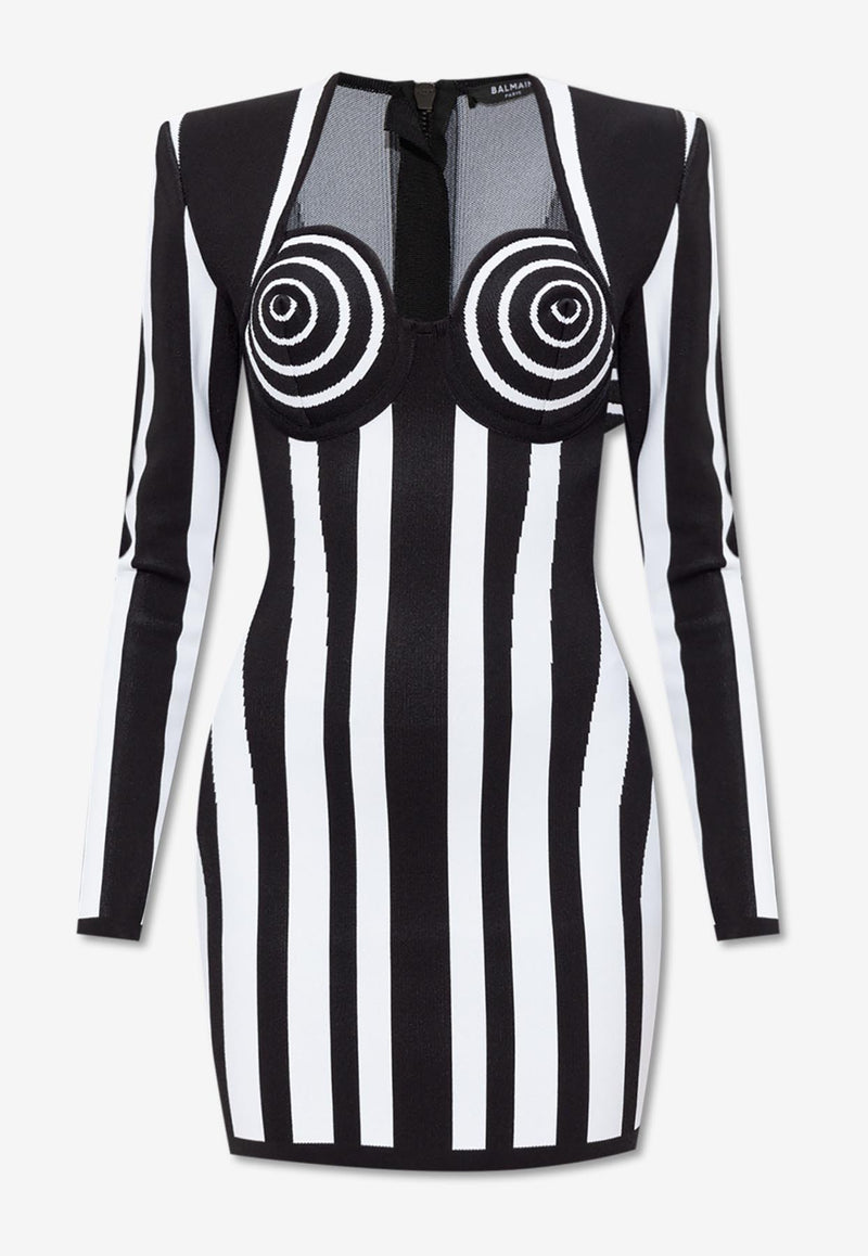 Balmain Striped Knit Mini Dress Monochrome DF1R8478 KG74-EAB