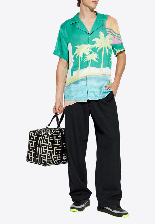 Balmain Palm Tree Print Satin Bowling Shirt Green DH1HN067 VF35-AAA