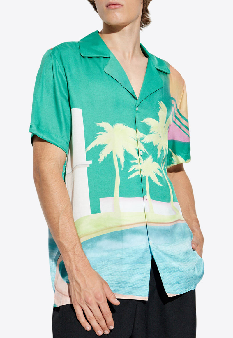 Balmain Palm Tree Print Satin Bowling Shirt Green DH1HN067 VF35-AAA