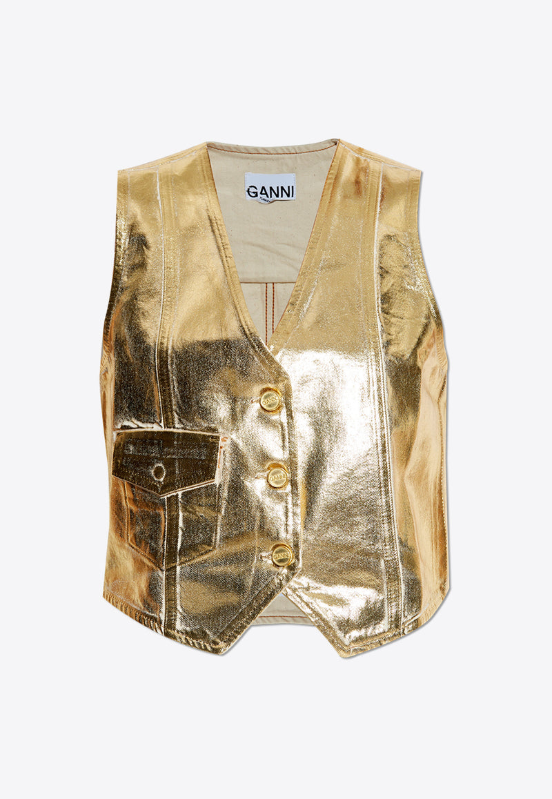 GANNI Metallic Denim Waistcoat Gold J1482 6650-135