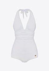 Dolce 
Gabbana Logo Plaque Halterneck One-Piece Swimsuit White O9A06J ONO12-W0800