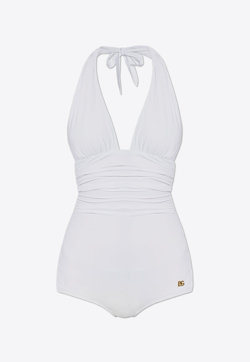 Dolce 
Gabbana Logo Plaque Halterneck One-Piece Swimsuit White O9A06J ONO12-W0800