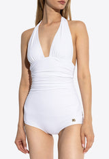 Dolce 
Gabbana Logo Plaque Halterneck One-Piece Swimsuit White O9A06J ONO12-W0800