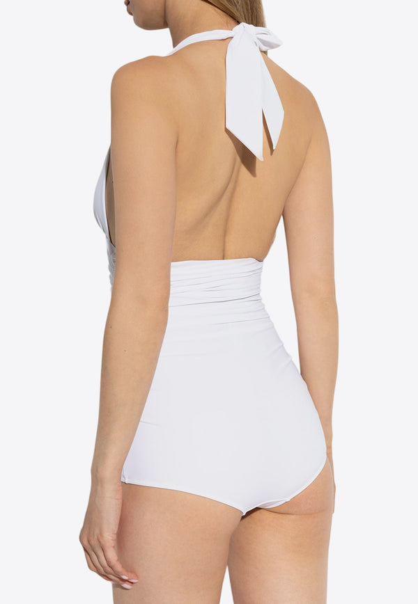 Dolce 
Gabbana Logo Plaque Halterneck One-Piece Swimsuit White O9A06J ONO12-W0800