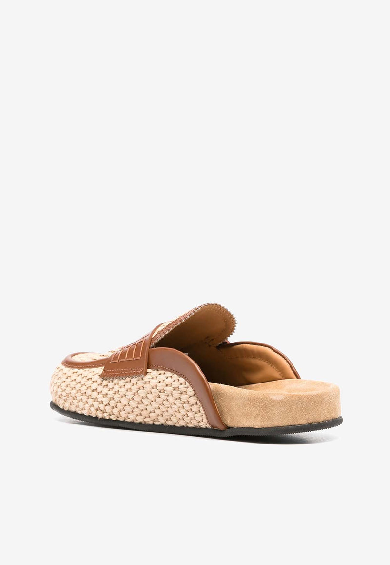 College Leather-Trimmed Raffia Flat Mules Natural CWR13124_4