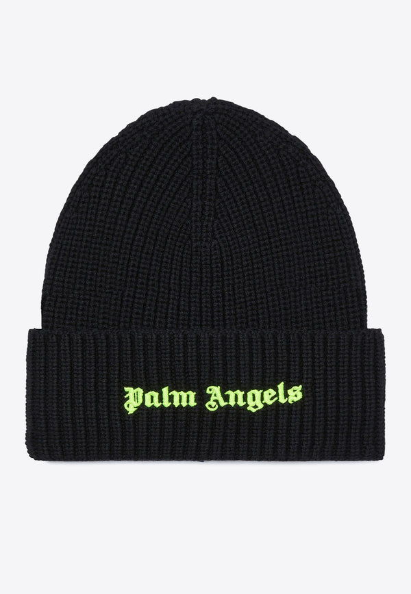 Palm Angels Logo Embroidered Ribbed Beanie Black PMLC030F24KNI005_1065