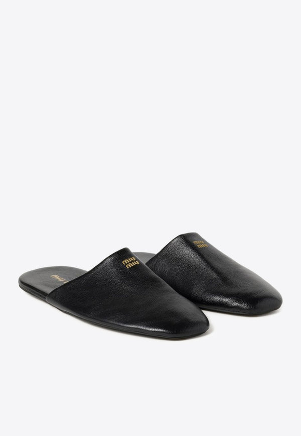 Miu Miu Embossed Logo Leather Slippers Black 5S322EFA0053AP6_F0002