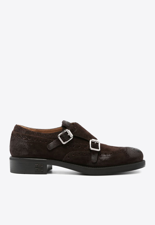 Miu Miu X Church
s Monk Strap Suede Brogue Shoes Brown 5E039EFM0300B2_F0003