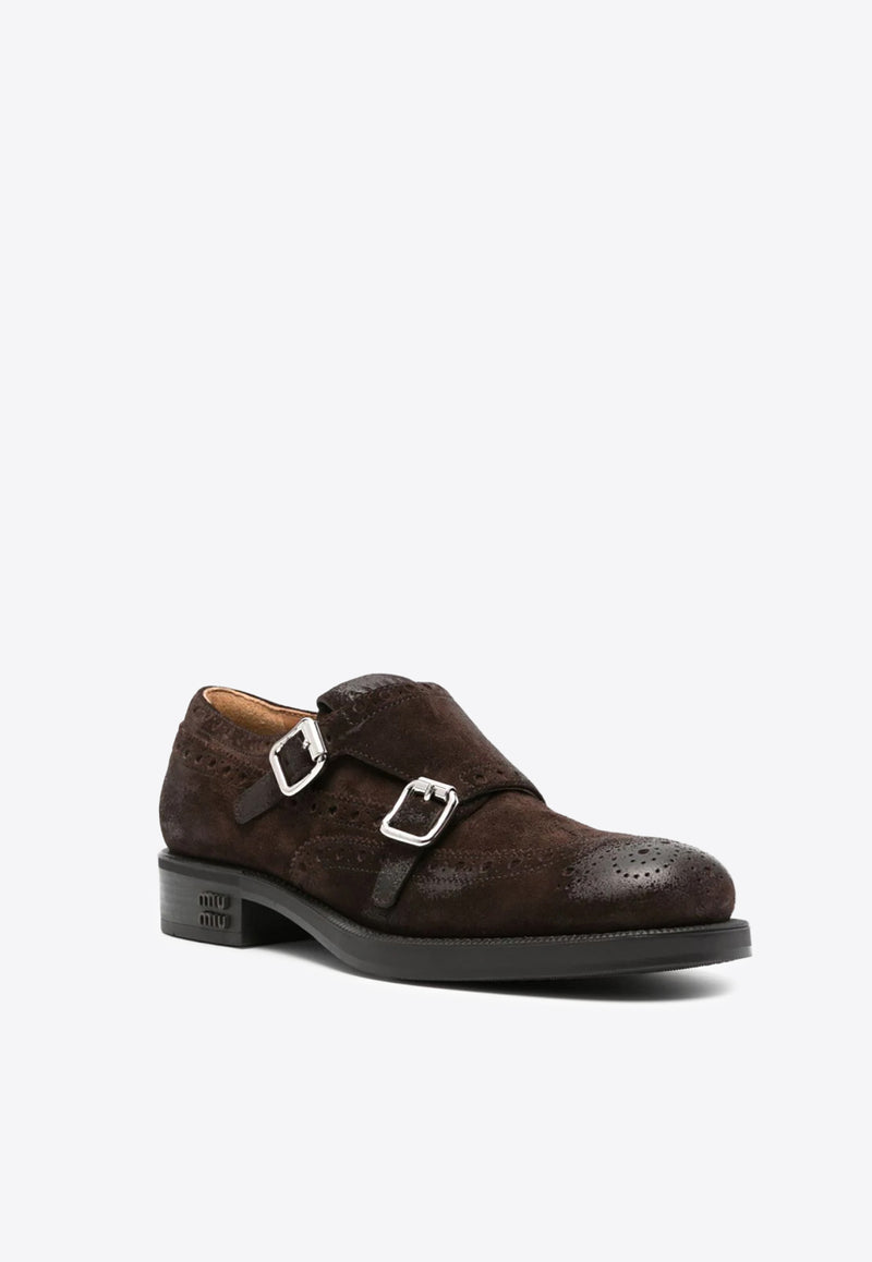 Miu Miu X Church
s Monk Strap Suede Brogue Shoes Brown 5E039EFM0300B2_F0003