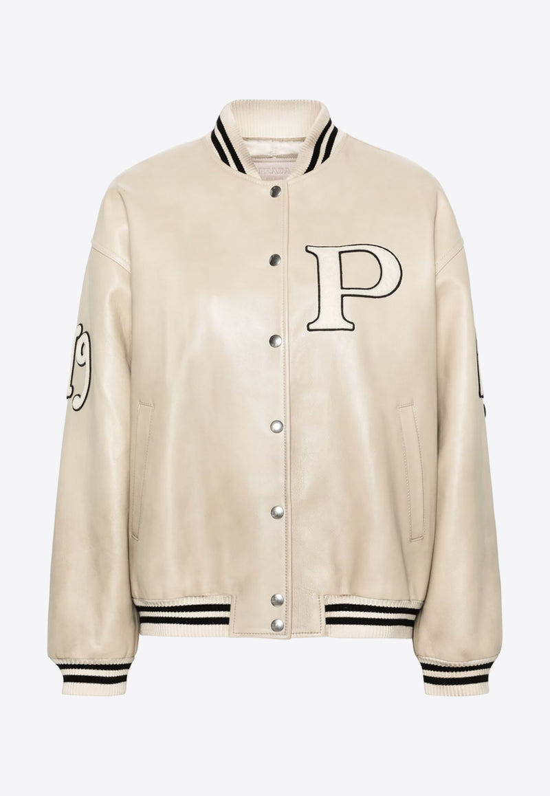 Prada Logo Appliqué Leather Bomber Jacket Beige 58A190SOOO15Y0_F0304