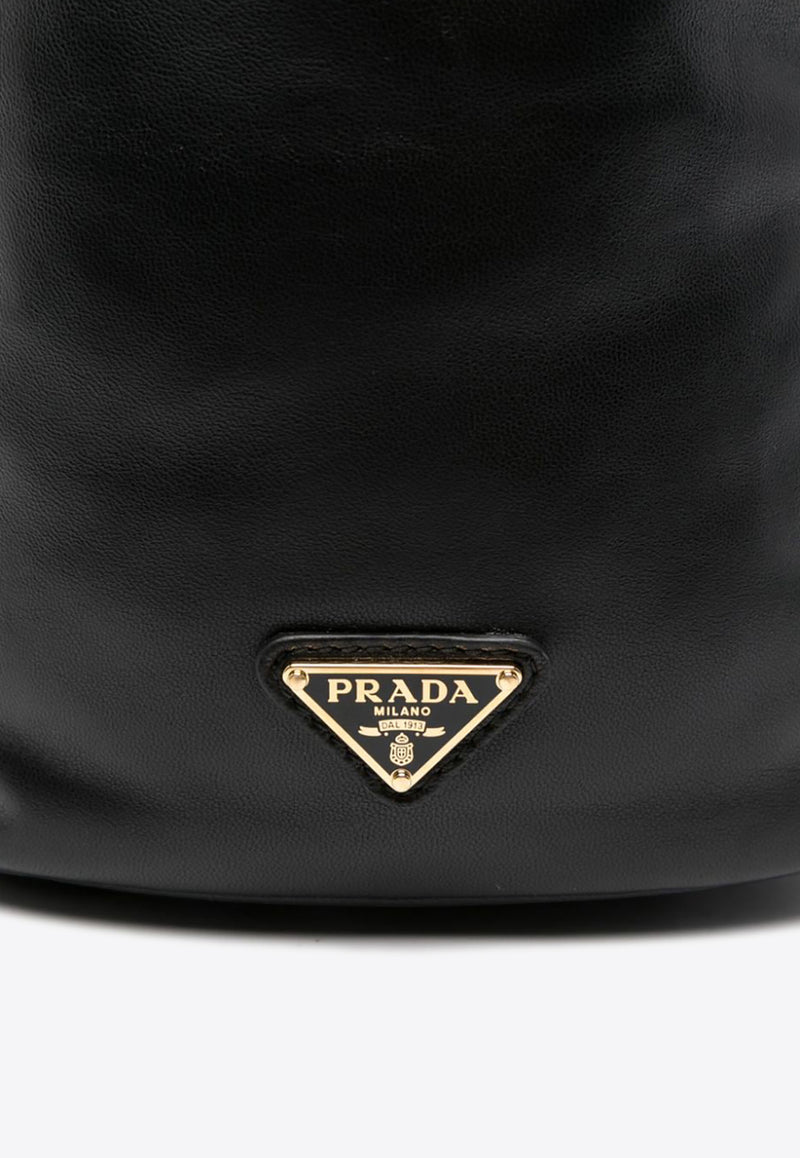 Prada Mini Logo Plaque Leather Bucket Bag Black 1BC227VOOO2DX8_F0002