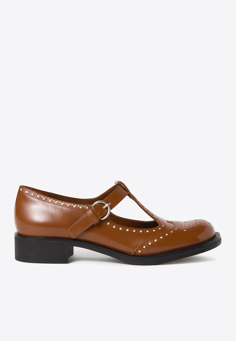 Miu Miu T-strap Leather Brogue Shoes Brown 5E303EF035055_F0B24