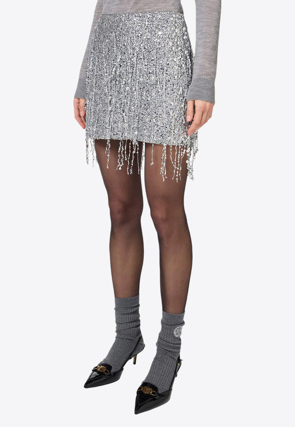 Elisabetta Franchi Sequin Embellished Fringed Mini Skirt Silver GR41J47E2_346