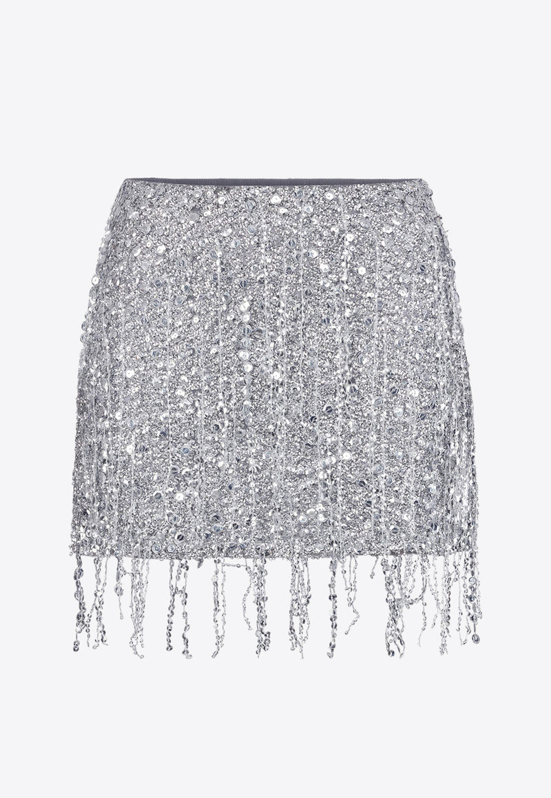 Elisabetta Franchi Sequin Embellished Fringed Mini Skirt Silver GR41J47E2_346