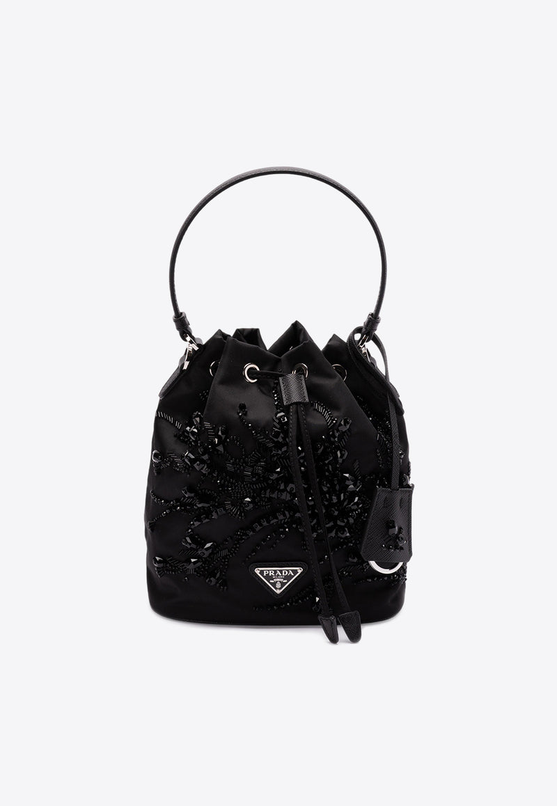 Prada Enamel Triangle Logo Bucket Bag Black 1BE067VWRM2C4Q_F0002