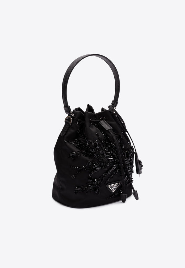 Prada Enamel Triangle Logo Bucket Bag Black 1BE067VWRM2C4Q_F0002