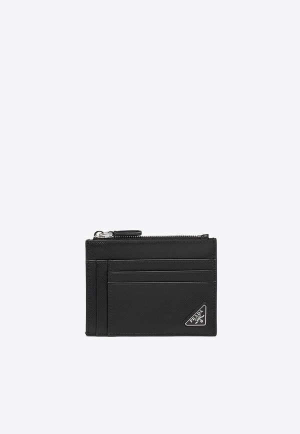 Prada Triangle Logo Saffiano Leather Zip Cardholder Black 2MC067QHH_F0002