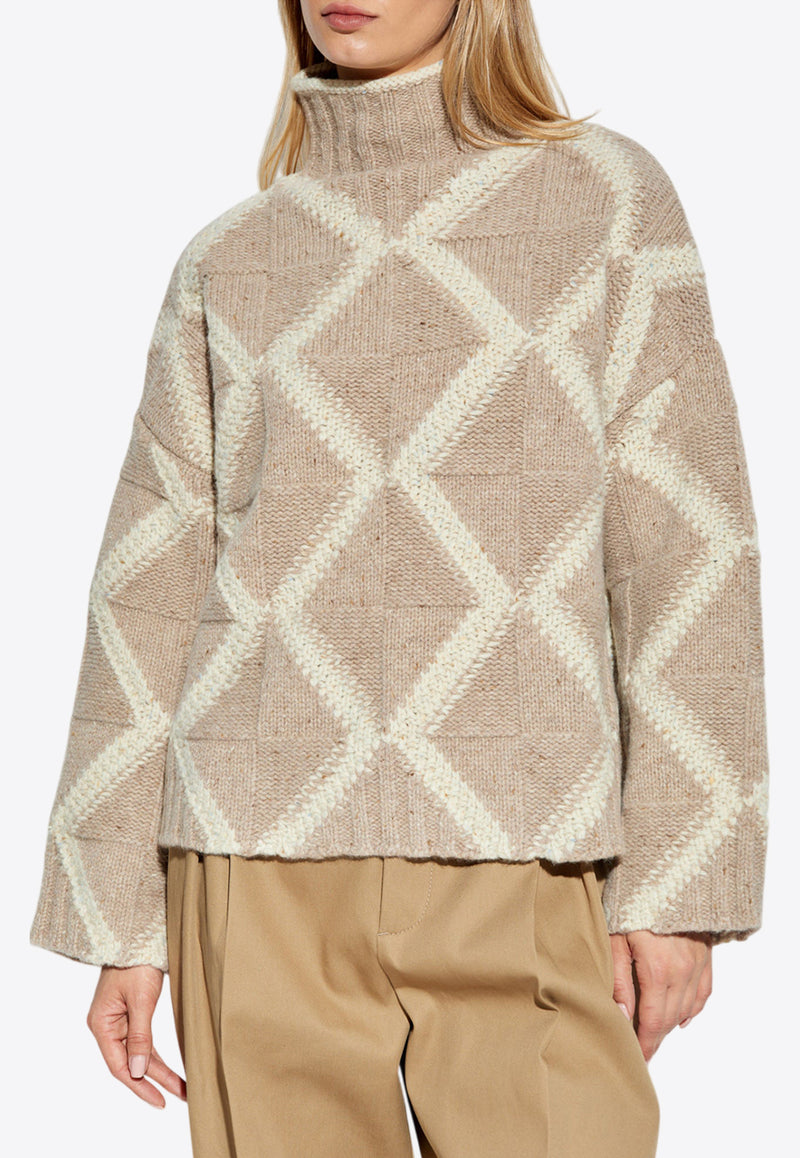 Bottega Veneta Turtleneck Argyle Wool Sweater Beige 791573 V4DY0-9761