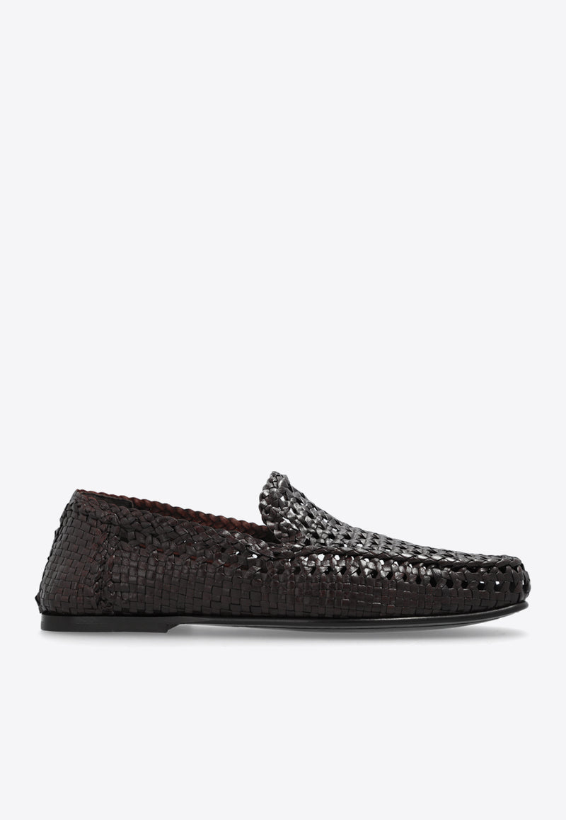 Dolce 
Gabbana Hand-Woven Calf Leather Loafers Brown A50634 AZ870-80048