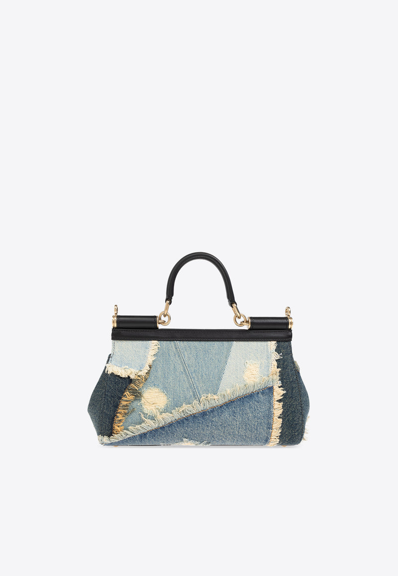 Dolce 
Gabbana Medium Elongated Sicily Patchwork Denim Top Handle Bag Blue BB7652 A9U75-80650