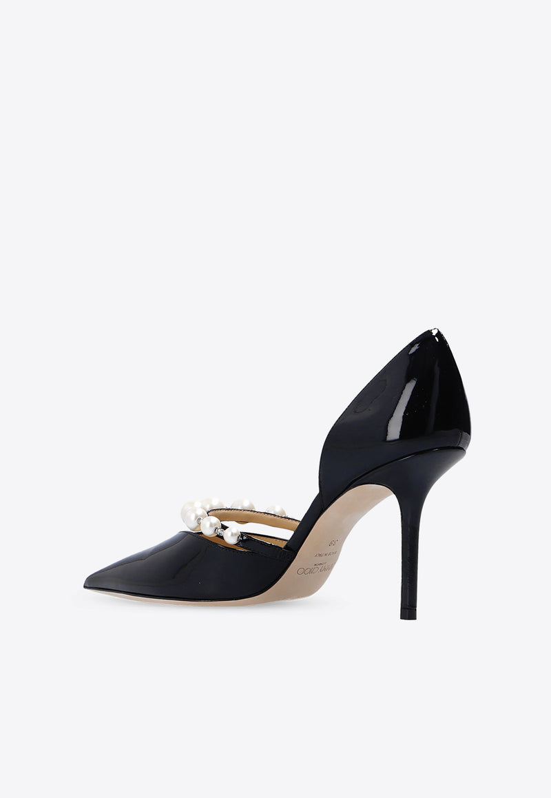 Jimmy Choo Aurelie 85 Pearl Embellished Patent Leather Pumps Black AURELIE 85 XKM-BLACK WHITE