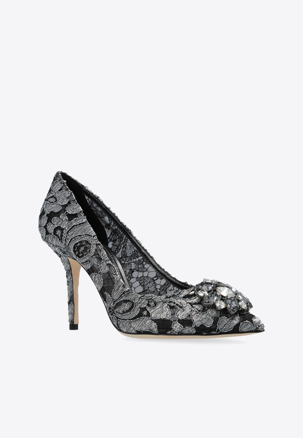 Dolce 
Gabbana Bellucci 90 Brooch Embellished Lace Pumps Gray CD0101 AE637-87505